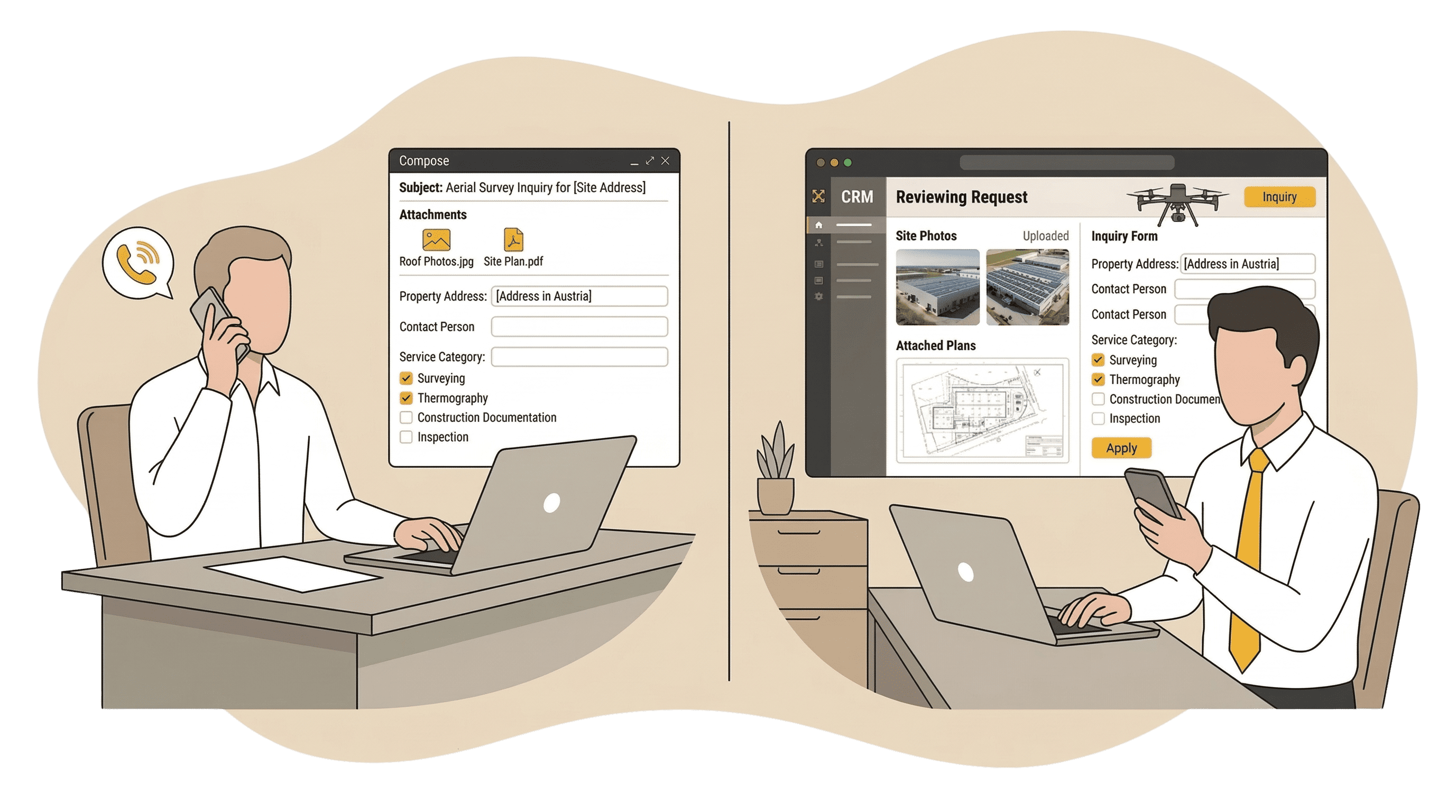 Illustration eines Meetings zur Drohnen-Einsatzplanung. Ein Präsentator steht neben einem großen Bildschirm, der eine Karte mit Flugrouten und einen Gebäude-Grundriss mit der Beschriftung 'PLAN' und 'Drone Records' anzeigt, während zwei Kunden am Tisch Baupläne prüfen.