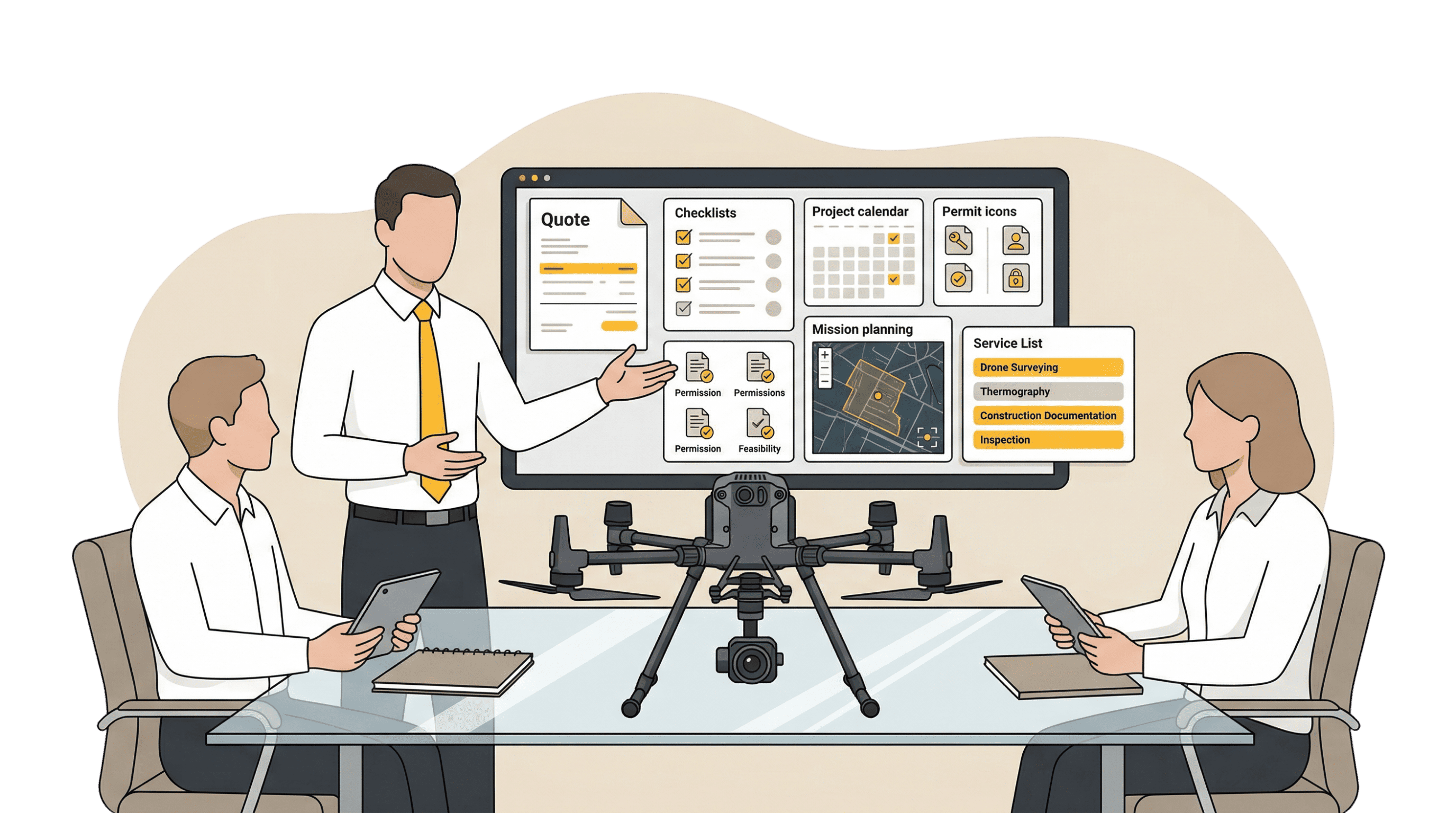 Illustration der Angebots- und Genehmigungsphase. Ein großer Bildschirm zeigt ein digitales Angebotsdokument mit der Aufschrift 'ANGEBOT', Einzelposten und einem Gesamtpreis, daneben ein Klemmbrett, auf dem 'Genehmigungen' abgehakt werden, und ein Handschlag-Symbol, das die Einigung darstellt.